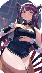 Rule 34 | 1girl, bare shoulders, beppu mitsunaka, black dress, blue eyes, blunt bangs, blush, breasts, china dress, chinese clothes, cleavage, detached sleeves, dress, fate/grand order, fate (series), flute (violinist of hameln), hair ornament, highres, long hair, looking at viewer, medium breasts, purple hair, side slit, sidelocks, smile, solo, thighs, twintails, very long hair, yang guifei (fate), yang guifei (second ascension) (fate)