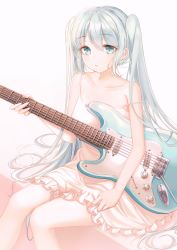 Rule 34 | 1girl, absurdres, blue eyes, blue hair, closed mouth, collarbone, dress, electric guitar, fender stratocaster, guitar, hair between eyes, hatsune miku, highres, holding, holding instrument, instrument, long hair, off shoulder, popcat (jung5u), short dress, simple background, sitting, sleeveless, sleeveless dress, solo, twintails, very long hair, vocaloid, white background, white dress