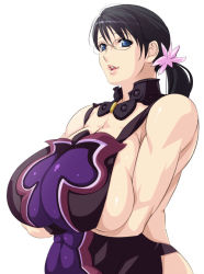 Rule 34 | 1girl, :d, apron, bare shoulders, black hair, blue eyes, breast hold, breasts, cattleya (queen&#039;s blade), cattleya (queen's blade), cleavage, cleavage cutout, clothing cutout, glasses, halterneck, huge breasts, impossible clothes, lips, long hair, looking at viewer, low ponytail, mature female, muscular, no bra, open mouth, plump, ponytail, queen&#039;s blade, rimless eyewear, sagging breasts, scrunchie, sideboob, simple background, skin tight, smile, solo, upper body, weapon merchant cattleya, white background