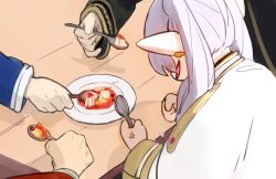 1girl 3boys anger_vein capelet earrings eisen_(sousou_no_frieren) elf food frieren grey_hair heiter higemu highres himmel_(sousou_no_frieren) holding holding_spoon jewelry long_hair multiple_boys plate pointy_ears pudding sousou_no_frieren spoon table twintails white_capelet