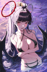 Rule 34 | 1girl, absurdres, bikini, black bikini, black hair, blue archive, blush, breast hold, breasts, caustics, cleavage, collarbone, criss-cross halter, flower, groin, hair flower, hair ornament, halo, halterneck, highres, large breasts, long hair, looking at viewer, low wings, multi-strapped bikini, n8 (buse1601), open mouth, ponytail, red eyes, skindentation, solo, swimsuit, teeth, tsurugi (blue archive), tsurugi (swimsuit) (blue archive), wading, water, wet, wet hair, wings