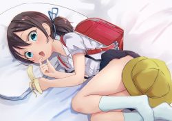 Rule 34 | 1girl, aqua eyes, ass, backpack, bag, banana, bed, bed sheet, blue ribbon, blue skirt, blush, brown hair, collared shirt, commentary request, finger to mouth, food, fruit, hair between eyes, hair ribbon, hat, highres, holding, holding food, holding fruit, looking at viewer, lying, no shoes, on bed, on side, open mouth, original, pillow, pleated skirt, ponytail, raised eyebrows, randoseru, ribbon, school hat, school uniform, sexually suggestive, shirt, short hair, short sleeves, skirt, socks, solo, sparkling eyes, suspender skirt, suspenders, thighs, tongue, tongue out, white shirt, white socks, yappariga, yellow hat