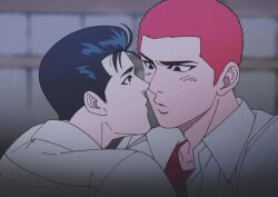 Rule 34 | 2boys, animated, animated gif, black hair, blush, closed eyes, collared shirt, couple, kiss, licking, licking another&#039;s face, looking at another, male focus, mew shepherd, mito youhei, multiple boys, red hair, red tank top, sakuragi hanamichi, shirt, short hair, slam dunk (series), tank top, tongue, tongue out, white shirt, yaoi