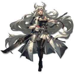 Rule 34 | 1girl, absurdly long hair, arknights, armor, belt, black footwear, black jacket, black thighhighs, breasts, detached sleeves, dress, full body, glaive (polearm), greaves, grey hair, holding, holding polearm, holding weapon, horns, jacket, large breasts, long hair, long sleeves, looking at viewer, matoimaru (arknights), official art, pointy ears, polearm, pouch, red eyes, ryuuzaki ichi, short eyebrows, shoulder armor, sleeveless, sleeveless jacket, solo, standing, strap, thick eyebrows, thighhighs, transparent background, very long hair, weapon, white dress, white jacket, white sleeves, wide sleeves
