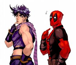 Rule 34 | 2boys, bodysuit, crossover, deadpool, deadpool (series), finger to mouth, fingerless gloves, from behind, from side, gloves, green eyes, jojo no kimyou na bouken, joseph joestar, joseph joestar (young), looking back, male focus, marvel, multiple boys, muscular, one eye closed, pointing, pointing at self, pouch, purple hair, scarf, striped clothes, striped scarf, sujiko (125motimoti), superhero costume, upper body