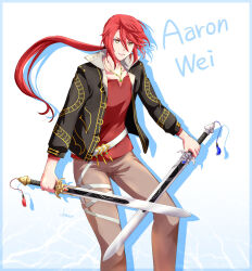 1boy aaron_wei artist_name blue_border border dual_wielding eiyuu_densetsu english_text floating_hair hair_between_eyes holding holding_sword holding_weapon jacket jewelry jian_(weapon) kai_no_kiseki kuro_no_kiseki_(series) long_hair looking_at_viewer male_focus open_clothes open_jacket parted_bangs pendant pommel_tassel ponytail red_hair shadow shirt sidelocks simple_background smile solo swept_bangs sword tassel weapon white_background xiacheng_tatsuya yellow_eyes