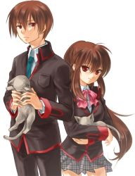 Rule 34 | 1boy, 1girl, animal, bad id, bad pixiv id, bow, brown hair, cat, geroro, little busters!, long hair, natsume kyousuke, natsume rin, necktie, pink bow, plaid, plaid skirt, ponytail, red eyes, school uniform, short hair, skirt