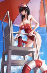 Rule 34 | 1girl, aruhi (pyxk7325), beach umbrella, black eyes, blue sky, breasts, casual one-piece swimsuit, chair, cleavage, cloud, full body, highres, large breasts, lifebuoy, lifeguard, lifeguard chair, medium hair, megaphone, one-piece swimsuit, original, red one-piece swimsuit, sky, solo, swim ring, swimsuit, umbrella, visor cap, whistle, whistle around neck