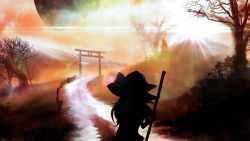 Rule 34 | 1girl, akyuun, bare tree, broom, commentary, diffraction spikes, english commentary, engrish commentary, fog, from behind, full moon, hat, highres, hill, holding, holding broom, kirisame marisa, landscape, moon, red sky, road, scenery, silhouette, sky, solo, sunlight, torii, touhou, tree, witch hat