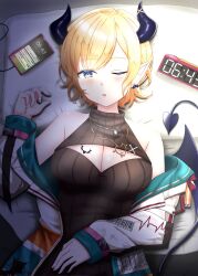Rule 34 | 1girl, alarm clock, barcode, bare shoulders, black sweater, black wings, blonde hair, blue eyes, blush, breast tattoo, breasts, cellphone, character name, cleavage, cleavage cutout, clock, clothing cutout, commentary request, demon girl, demon horns, demon tail, demon wings, ear piercing, heart pendant, highres, hololive, horns, jacket, kanzakiira0430, large breasts, lying, on back, on bed, one eye closed, open clothes, open jacket, phone, piercing, pillow, pointy ears, short hair, sleeveless, sleeveless sweater, smartphone, solo, sweater, tail, tattoo, virtual youtuber, white jacket, winged heart tattoo, wings, yuzuki choco, yuzuki choco (streetwear)