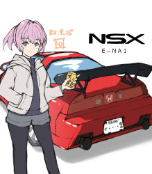 Rule 34 | 1girl, artist logo, black pantyhose, black sweater, blue eyes, can, car, commentary request, dated, feet out of frame, grey jacket, grey shorts, hand in pocket, highres, honda, honda nsx, hood, hooded jacket, hoodie, jacket, kantai collection, ld (luna dial398), license plate, logo, looking at viewer, motor vehicle, official alternate costume, one-hour drawing challenge, pantyhose, pink hair, ponytail, shiranui (kancolle), short hair, short shorts, shorts, simple background, smile, solo, standing, sweater, vehicle focus, white background
