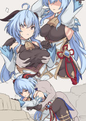Rule 34 | 1boy, 1girl, ahoge, armpits, arms behind head, arms up, bare shoulders, bell, bent over, black gloves, blue hair, blush, bodysuit, grabbing another&#039;s breast, breasts, brown bodysuit, detached sleeves, dress, elbow gloves, ganyu (genshin impact), genshin impact, gloves, grabbing, groping, horns, large breasts, long hair, looking at viewer, multiple views, purple eyes, shiseki hirame, thighs, white dress
