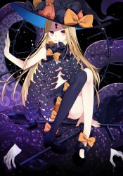 Rule 34 | 1girl, abigail williams (fate), abigail williams (second ascension) (fate), bad id, bad pixiv id, black bow, black footwear, black hat, black panties, black thighhighs, blonde hair, bow, brown eyes, commentary request, fate/grand order, fate (series), fingernails, hat, hat bow, key, keyhole, long hair, looking at viewer, mary janes, mipe (r kkk12), orange bow, oversized object, panties, parted bangs, parted lips, revealing clothes, shoes, single thighhigh, sitting, smile, solo, star (sky), stuffed animal, stuffed toy, suction cups, teddy bear, tentacles, thighhighs, topless, underwear, very long hair, witch hat