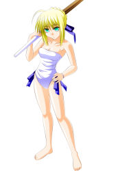 Rule 34 | 1girl, ahoge, artoria pendragon (all), artoria pendragon (fate), bare shoulders, blonde hair, bokken, engo (aquawatery), fate/stay night, fate (series), full body, green eyes, hand on own hip, hip focus, one-piece swimsuit, saber (fate), simple background, solo, standing, swimsuit, sword, weapon, white background, wooden sword