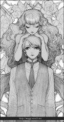 Rule 34 | 1boy, 1girl, bare shoulders, blunt bangs, buttons, closed eyes, closed mouth, flower, greyscale, hands on another&#039;s head, long hair, long sleeves, looking at viewer, maggi, monochrome, necktie, rose, shirt, swept bangs, thorns, upper body, vest, watermark, wavy hair, web address