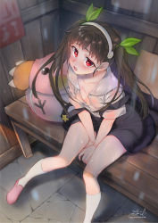 Rule 34 | 1girl, artist name, backpack, bag, bakemonogatari, bandaid, bandaid on knee, bandaid on leg, black dress, blurry, blurry background, blush, breasts, brown hair, collarbone, commentary request, dress, fang, female focus, from above, full body, hachikuji mayoi, kneehighs, long hair, looking at viewer, monogatari (series), off shoulder, on bench, pink footwear, red eyes, ribbon, short sleeves, sidelocks, signature, sitting, small breasts, socks, solo, sparkle, sweat, sweatdrop, twintails, unbuttoned, unbuttoned shirt, yakubeni