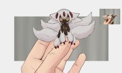 Rule 34 | 1boy, 1girl, black skin, bug, claws, colored skin, ethersito, extra arms, faputa, highres, holding, insect, looking at viewer, made in abyss, mini person, minigirl, monster girl, moth, multiple tails, pov, pov hands, reference photo, tail, white hair, yellow eyes