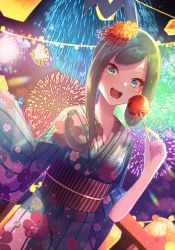 Rule 34 | 1girl, absurdres, alternate costume, candy apple, creatures (company), fireworks, floral print, food, game freak, green eyes, highres, holding, holding food, japanese clothes, kimono, lisia (pokemon), long hair, long sleeves, looking at viewer, nintendo, open mouth, pokemon, pokemon oras, print kimono, ssn (sasa8u9r), teeth, upper teeth only, wide sleeves, yukata