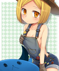 Rule 34 | 1girl, badge, blonde hair, button badge, checkered background, fate/grand order, fate (series), gloves, hat, looking at viewer, marimo danshaku, naked overalls, overalls, parted bangs, paul bunyan (fate), paul bunyan (third ascension) (fate), short hair, solo, yellow eyes