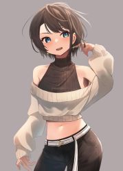 Rule 34 | 1girl, absurdres, alternate costume, belt, black hair, black pants, black shirt, blue eyes, blush, breasts, casual, commentary, contrapposto, cowboy shot, crop top, cropped shirt, cropped sweater, earrings, grey background, grey sweater, hand in own hair, highres, hololive, jewelry, looking to the side, medium breasts, midriff, navel, off-shoulder sweater, off shoulder, oozora subaru, open mouth, pants, ribbed shirt, shirt, short hair, simple background, sl10 d, sleeveless, sleeveless shirt, smile, solo, standing, sweater, swept bangs, turtleneck, v-shaped eyebrows, virtual youtuber, white belt