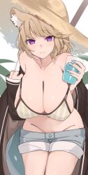 Rule 34 | 1girl, animal ear fluff, animal ears, arknights, bare shoulders, bikini, blue nails, blush, breasts, brown hair, brown hat, chunta, cleavage, closed mouth, clothes pull, collarbone, commission, cowboy shot, crazy straw, cup, drink, drinking glass, drinking straw, duplicate, fingernails, grey shorts, groin, hat, heart straw, highres, holding, holding cup, hug, huge breasts, large breasts, long fingernails, long hair, long sleeves, looking at viewer, nail polish, navel, off shoulder, official alternate costume, open clothes, purple eyes, shorts, shorts pull, skeb commission, smile, solo, strap slip, straw hat, striped bikini, striped clothes, swimsuit, tail, utage (arknights), utage (summer flowers) (arknights), vertical-striped bikini, vertical-striped clothes, yellow bikini