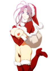 Rule 34 | 1girl, aa megami-sama, antenna hair, ass, bag, belldandy, blue eyes, boots, breasts, brown hair, carrying, christmas, elbow gloves, facial mark, feet, female pubic hair, forehead mark, fur trim, gloves, groin, hat, highres, holding, joy division, large breasts, legs, light smile, long hair, looking at viewer, navel, nipples, nude, on shoulder, pubic hair, santa costume, santa hat, simple background, smile, solo, standing, thigh boots, thighhighs, thighs, white background