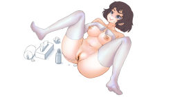 Rule 34 | 1girl, artificial vagina, bar censor, breast suppress, censored, corpse, cyp tw, doll, dutch angle, elbow gloves, gloves, lying, m legs, no shoes, nude, on back, original, sex toy, short hair, simple background, skindentation, smile, solo, spread legs, thighhighs, tissue box, white background