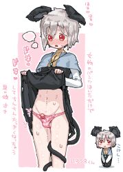 1boy animal_ears black_dress blue_capelet blush bow bow_panties capelet cookie_(touhou) cowboy_shot dorasiro_(cookie) dress grey_hair male_focus man_(man-room) mouse_ears mouse_tail nazrin nose_blush open_mouth panties penis pink_background pink_panties red_eyes shirt short_hair solo tail touhou translation_request trap two-tone_background uncensored underwear white_background white_shirt