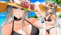 Rule 34 | 1girl, :d, absurdres, animal ear fluff, animal ears, arknights, arm up, bare shoulders, beach, bikini, black bikini, black choker, blue sky, blush, breasts, choker, cleavage, closed mouth, collarbone, commission, cowboy shot, cup, day, ears through headwear, flower, food, fruit, grey hair, grin, hand on headwear, hat, highres, holding, holding cup, ice, ice cube, indra (arknights), large breasts, lemon, lemon slice, long hair, looking at viewer, multiple views, navel, open mouth, outdoors, parted lips, red flower, scar, scar across eye, sky, smile, soda (sod4), stomach, sun hat, swimsuit, tiger ears, v-shaped eyebrows, yellow eyes, yellow headwear