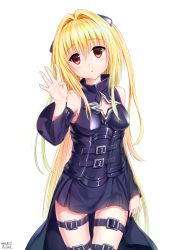 Rule 34 | 1girl, 2018, belt, belt buckle, black belt, black dress, blonde hair, buckle, cleavage cutout, clothing cutout, cowboy shot, dated, dress, hair between eyes, hair intakes, head tilt, headgear, highres, konjiki no yami, long hair, long sleeves, looking at viewer, open mouth, red eyes, shiny clothes, short dress, signature, simple background, sleeveless, sleeveless dress, solo, standing, thigh strap, to love-ru, traveler (artbbt), very long hair, white background