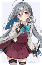 Rule 34 | 1girl, absurdres, ahoge, aqua bow, aqua bowtie, black gloves, blue hair, blush, bow, bowtie, coat, colored inner hair, cowboy shot, dress, gloves, grey coat, grey eyes, grey hair, grey thighhighs, grin, highres, kantai collection, kiyoshimo (kancolle), kiyoshimo kai ni (kancolle), long hair, long sleeves, looking at viewer, low twintails, multicolored hair, open clothes, open coat, partially fingerless gloves, pleated dress, purple dress, smile, solo, thighhighs, toketa-sekai, twintails, twitter username