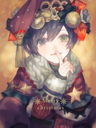 Rule 34 | 1boy, androgynous, bow, christmas ornaments, drawr, finger to mouth, hat, heterochromia, looking at viewer, male focus, merry christmas, nishihara isao, oekaki, original, purple eyes, purple hair, short hair, solo, star (symbol), wool, yellow eyes