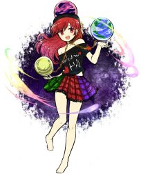 Rule 34 | 1girl, bare shoulders, barefoot, black shirt, chain, clothes writing, collar, full body, globe, hecatia lapislazuli, kosumo, long hair, multicolored clothes, multicolored skirt, off-shoulder shirt, off shoulder, open mouth, orb, red eyes, red hair, shirt, simple background, sketch, skirt, solo, teeth, touhou, white background