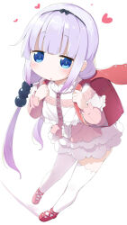 Rule 34 | 1girl, :o, backpack, bag, black bow, black hairband, blue eyes, blunt bangs, blush, bow, capelet, commentary request, dress, hair bow, hairband, hands up, heart, highres, holding strap, kanna kamui, kobayashi-san chi no maidragon, leaning forward, long hair, looking at viewer, makuran, parted lips, pink dress, purple hair, randoseru, red footwear, shadow, shoes, simple background, solo, standing, thighhighs, very long hair, white background, white capelet, white thighhighs