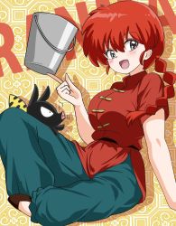 Rule 34 | 1girl, blush, highres, on floor, open mouth, p-chan, pig, ranma-chan, ranma 1/2, red hair, sitting
