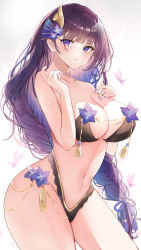 Rule 34 | 1girl, absurdres, alternate costume, ass, bad id, bad pixiv id, bare arms, bare shoulders, bikini, black bikini, braid, breasts, bug, butterfly, chain, cleavage, contrapposto, cowboy shot, flower, genshin impact, gold chain, gold trim, hair flower, hair ornament, hands up, highleg, highleg bikini, highres, insect, large breasts, looking at viewer, low-braided long hair, low-tied long hair, mole, mole under eye, nail polish, navel, parted lips, purple butterfly, purple eyes, purple flower, purple hair, purple nails, raiden shogun, sidelocks, simple background, single braid, solo, stomach, strapless, strapless bikini, swimsuit, tassel, thighs, tsuyuri eri, white background