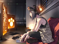 Rule 34 | 1girl, bare shoulders, boots, capri pants, computer, controller, crossed legs, from side, game controller, head-mounted display, indian style, instrument, joystick, keyboard, keyboard (computer), leggings, monitor, mouse (computer), original, pants, profile, rezi, shoe soles, short hair, silver hair, sitting, solo, window blinds, wooden floor