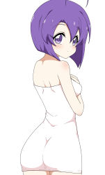 Rule 34 | 1girl, absurdres, ass, blush, breasts, highres, hr-p, jashin-chan dropkick, looking at viewer, looking back, medium breasts, medusa (jashin-chan dropkick), naked towel, purple eyes, purple hair, shiny skin, short hair, shoulder blades, simple background, solo, standing, towel, white background
