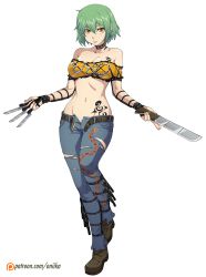 Rule 34 | 10s, 1girl, :p, absurdres, bandeau, bare shoulders, belt, between fingers, bracelet, breasts, choker, chuunioniika, denim, full body, green hair, highres, hikage (senran kagura), holding, jeans, jewelry, knife, large breasts, looking at viewer, machete, midriff, navel, open belt, open fly, pants, senran kagura, short hair, simple background, slit pupils, solo, strapless, tattoo, throwing knife, tongue, tongue out, torn clothes, torn jeans, torn pants, transparent background, unbuckled, unbuttoned, unzipped, vambraces, weapon, white background, yellow eyes, zipper, zipper pull tab