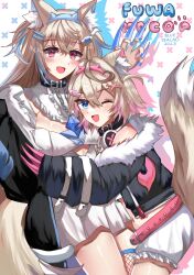 Rule 34 | 2girls, animal ear fluff, animal ears, belt collar, black collar, blonde hair, blue eyes, blue hair, blue nails, blue sealad, breasts, character name, collar, cropped jacket, dog ears, dog girl, dog tail, dress, fake claws, fur-trimmed jacket, fur trim, fuwawa abyssgard, fuwawa abyssgard (1st costume), hair ornament, hairpin, highres, hololive, hololive english, hug, jacket, large breasts, mococo abyssgard, mococo abyssgard (1st costume), multicolored hair, multiple girls, one eye closed, open mouth, pink eyes, pink hair, pink nails, short shorts, shorts, siblings, single fishnet legwear, sisters, small breasts, smile, spiked collar, spikes, streaked hair, tail, twins, virtual youtuber, white dress, white shorts, x hair ornament