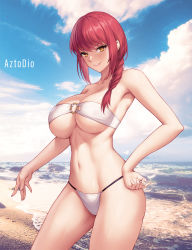 Rule 34 | 1girl, artist name, aztodio, beach, bikini, braid, braided ponytail, breasts, chainsaw man, collarbone, hand on own hip, large breasts, lips, looking at viewer, makima (chainsaw man), medium hair, o-ring, o-ring bikini, o-ring top, ocean, outdoors, parted lips, red hair, sand, smile, solo, swimsuit, white bikini, yellow eyes
