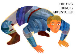 Rule 34 | 1boy, absurdres, all fours, alt text, blonde hair, closed mouth, commentary, dungeon meshi, english commentary, english text, eric carle (style), full body, highres, laios touden, male focus, parody, short hair, simple background, solo, style parody, the very hungry caterpillar, toothwormfactory, white background, yellow eyes
