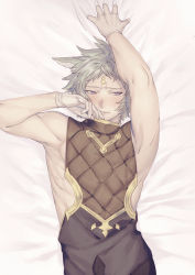Rule 34 | 1boy, animal ears, arm up, bed, bed sheet, blue eyes, blush, closed mouth, embarrassed, erune, gloves, granblue fantasy, highres, looking away, looking to the side, male focus, mole, mole under eye, seox (granblue fantasy), sheet grab, short hair, solo, upper body, white gloves, yuusya27