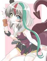 Rule 34 | 1girl, aqua hair, asymmetrical hair, bandages, bare shoulders, blush, bone, boned meat, border, chewing, chimera, closed mouth, cowboy shot, dragon tail, eating, fang, food, from above, grey hair, heterochromia, highres, holding, holding food, horns, looking at viewer, meat, multicolored hair, outside border, partially colored, pleated skirt, red hair, rose (sentouin hakenshimasu!), sentouin hakenshimasu!, sincos, single horn, single wrist cuff, sitting, skin fang, skirt, sleeveless, solo, streaked hair, tail, wavy mouth, white border, wrist cuffs, yellow eyes
