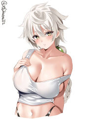 Rule 34 | 1girl, asymmetrical hair, blush, braid, breasts, cleavage, collarbone, cropped torso, ebifurya, hair between eyes, highres, kantai collection, large breasts, long hair, looking at viewer, navel, one-hour drawing challenge, parted lips, simple background, single braid, solo, strap slip, tank top, twitter username, unryuu (kancolle), upper body, very long hair, white background, white hair, white tank top, yellow eyes