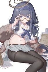 Rule 34 | 1girl, absurdres, bags under eyes, black hair, black pantyhose, blue archive, blue eyes, blue neckerchief, breasts, brown cardigan, brown halo, cardigan, closed mouth, commentary, cropped shirt, glasses, halo, highres, layered sleeves, long hair, long sleeves, looking at viewer, miniskirt, navel, neckerchief, pantyhose, pleated skirt, sailor collar, school uniform, semi-rimless eyewear, sentter, serafuku, shirt, simple background, sitting, skirt, small breasts, thighband pantyhose, ui (blue archive), under-rim eyewear, very long hair, white background, white sailor collar, white shirt, white skirt