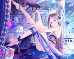 Rule 34 | 1girl, abigail williams (fate), babydoll, bare shoulders, barefoot, black cat, blonde hair, blue eyes, blush, breasts, bug, butterfly, butterfly hair ornament, cat, cube, curtains, fate/grand order, fate (series), forehead, hair ornament, insect, kinom (sculpturesky), legs, legs up, long hair, looking at viewer, parted bangs, sidelocks, sitting, small breasts, stuffed animal, stuffed toy, teddy bear