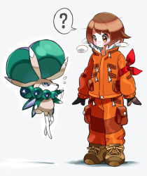 Rule 34 | 1girl, ?, arm ribbon, blush, boots, brown eyes, brown footwear, brown gloves, brown hair, calyrex, closed mouth, commentary request, creatures (company), expedition uniform, eye contact, eyelashes, flying sweatdrops, fur trim, game freak, gen 8 pokemon, gloria (pokemon), gloves, hyou (hyouga617), jacket, legendary pokemon, long sleeves, looking at another, motion lines, nintendo, nose blush, orange jacket, orange pants, pants, pokemon, pokemon (creature), pokemon swsh, red ribbon, ribbon, short hair, spoken question mark, standing