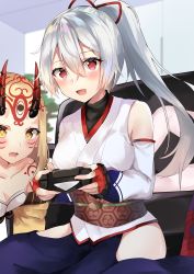 Rule 34 | 3girls, :d, asymmetrical sleeves, bare shoulders, black undershirt, blonde hair, blue hakama, blush, breasts, collarbone, commentary request, controller, detached sleeves, fang, fate/grand order, fate (series), fingerless gloves, game controller, gloves, hair ribbon, hakama, hakama pants, hakama skirt, highres, hip vent, horns, ibaraki douji (fate), japanese clothes, kimono, long hair, medium breasts, multiple girls, open mouth, pants, ponytail, red eyes, red gloves, red ribbon, ribbon, short kimono, shuten douji (fate), silver hair, single detached sleeve, sitting, skin-covered horns, skirt, smile, sparkling eyes, tattoo, tomoe gozen (fate), turtleneck, uneven sleeves, white kimono, yellow eyes, yufou