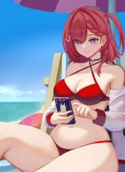 Rule 34 | 1girl, absurdres, asta (honkai: star rail), bare shoulders, bikini, blue eyes, blue sky, breasts, cleavage, commentary request, day, highres, holding, holding phone, honkai: star rail, honkai (series), large breasts, long hair, navel, ocean, one side up, phone, pink hair, red bikini, sitting, sky, smile, solo, stomach, swimsuit, taiko bo, thighs, water